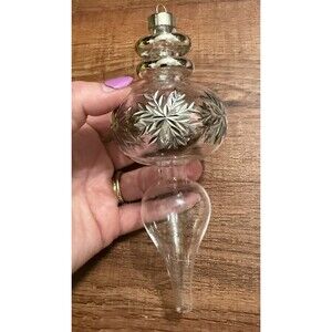 Large Tear Drop Shape Blown Clear Glass Etched Ornament